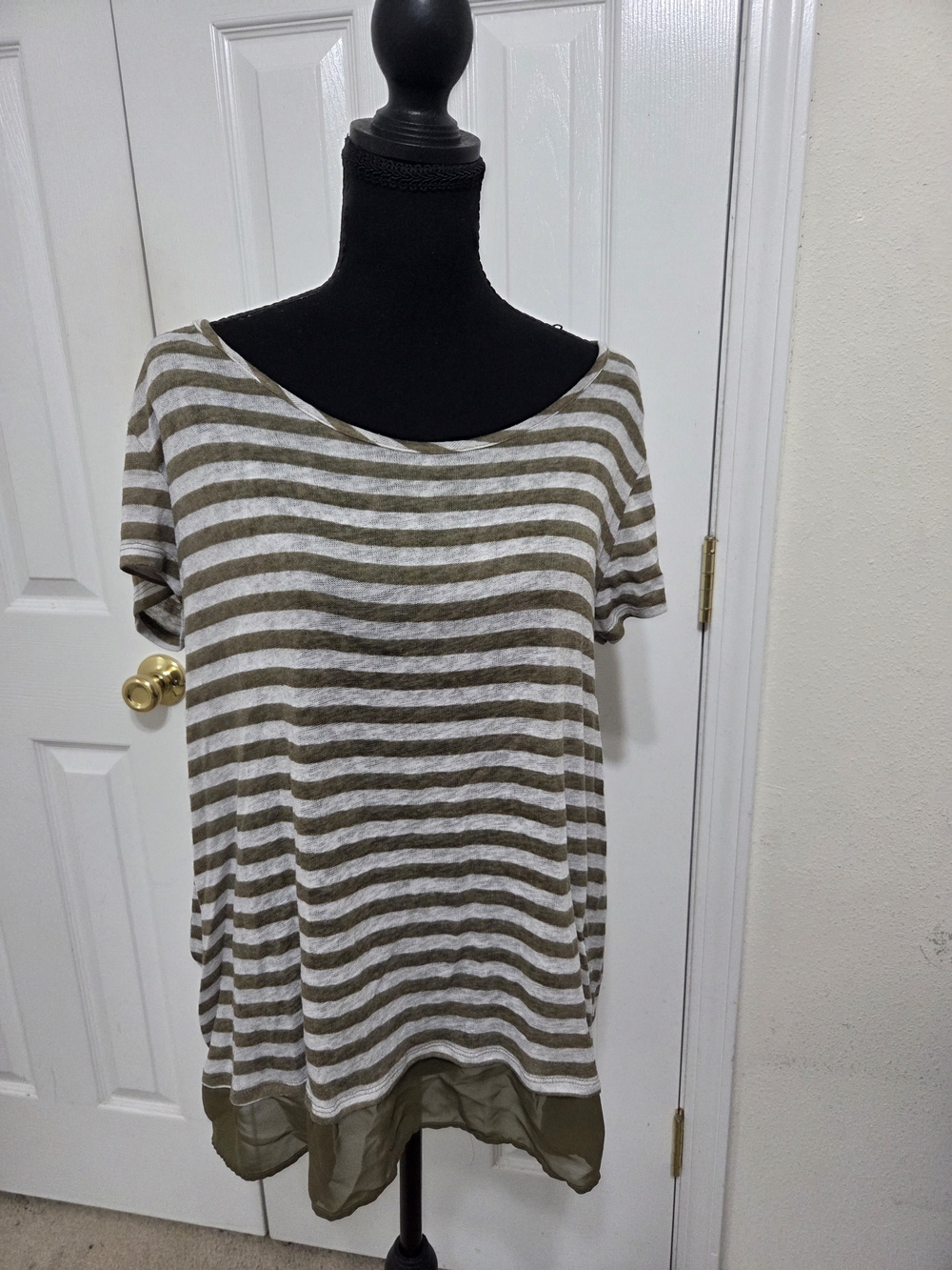 New York & Company Olive and White Striped Short-Sleeve Top